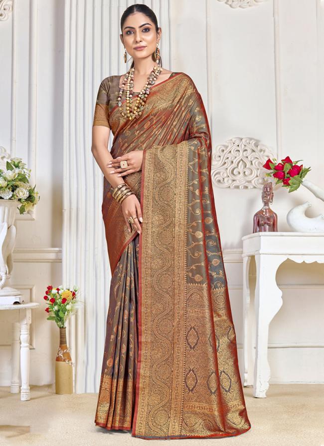 Silk Grey Traditional Wear Zari Work Saree